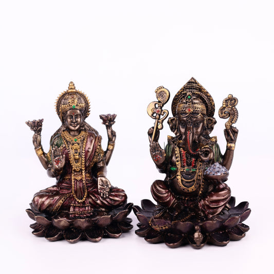 Laxmi Ganesh Resin Brass Metal Finishing Murti, Ganesha Lakshmi murti 4cm Height Statue for Pooja, Home Decor, and Car Dashboard 1 Set