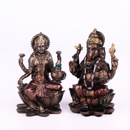 Laxmi Ganesh Resin Brass Metal Finishing Murti, Ganesha Lakshmi murti 4cm Height Statue for Pooja, Home Decor, and Car Dashboard 1 Set